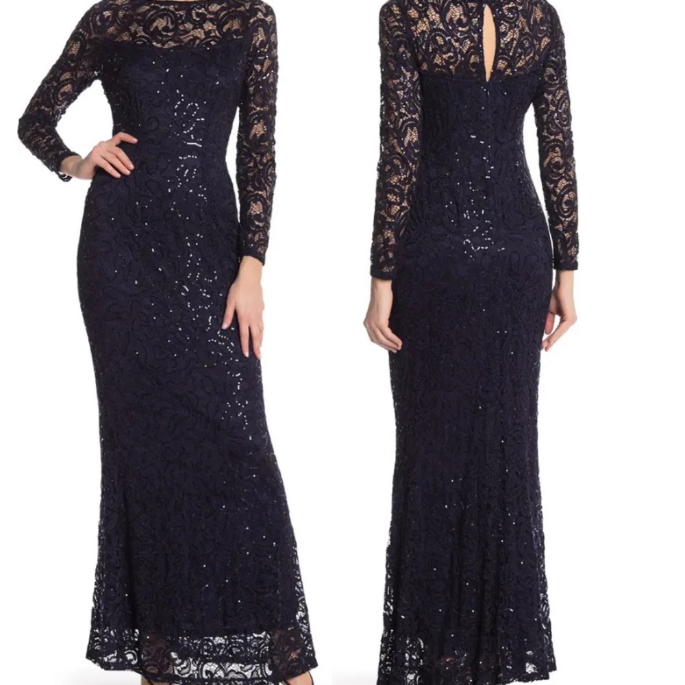 Marina, ankle length, long sleeved gown in midnight blue and lace & sequins